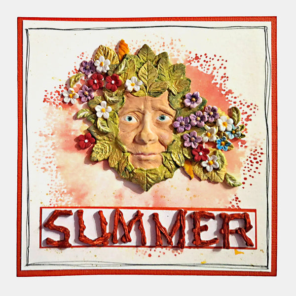 Decorative wall art with a face surrounded by flowers and the word 'Summer' on a colorful background.