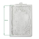 White embossed die cut with nature design and dimensions on a white background