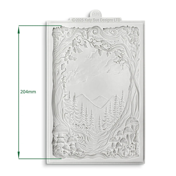 White embossed die cut with nature design and dimensions on a white background