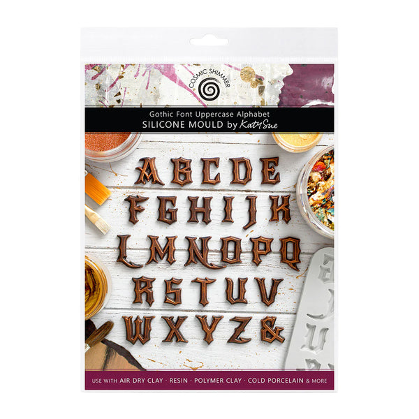 Silicone mould packaging with Gothic font uppercase letters on a white background