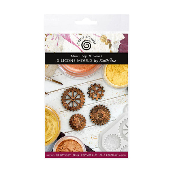 Silicone mould packaging with gears and decorative items on a white background