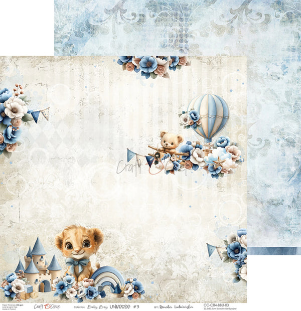 Decorative paper with cartoon lion, teddy bear, and hot air balloon on a textured background