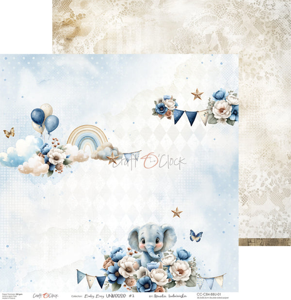 Card with a blue elephant, flowers, and balloons on a light blue background with 'Craft O'Clock' branding.