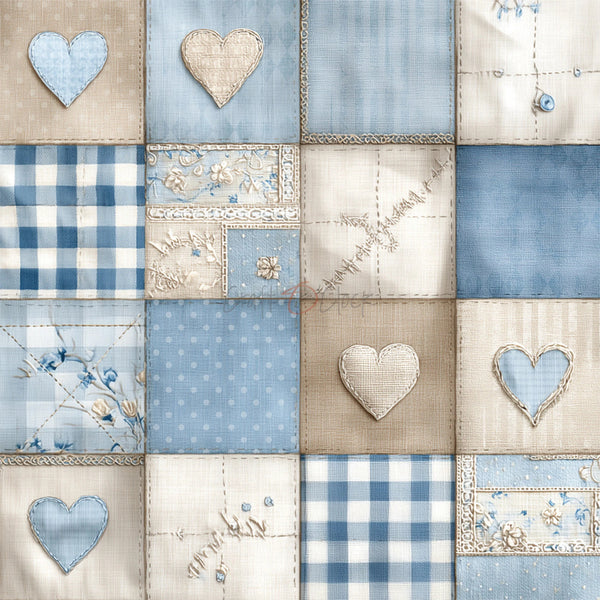 Patchwork pattern with blue and beige hearts and squares