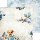 Decorative paper with teddy bear, castle, and hot air balloon design on a textured background.