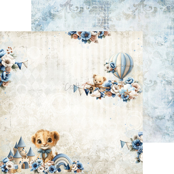 Decorative paper with teddy bear, castle, and hot air balloon design on a textured background.