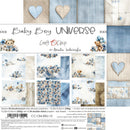 Collection of baby boy-themed paper sheets with hearts, teddy bears, and floral patterns on a white background.