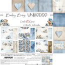 Collection of baby-themed paper designs with hearts, teddy bears, and floral patterns on a blue and beige background.