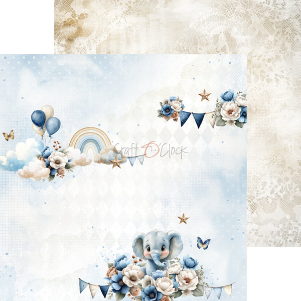 Children's paper with a blue elephant, flowers, and balloons on a textured background