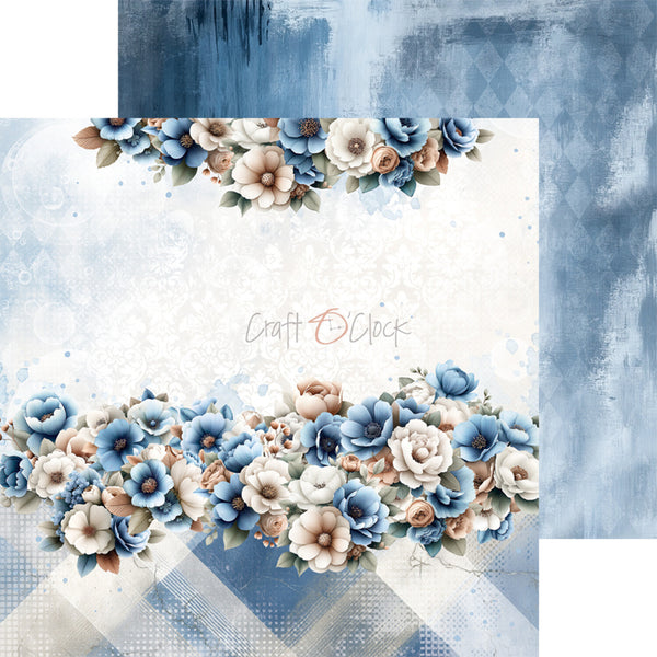 Floral design with blue and beige flowers on a textured blue background, featuring the brand 'Craft O Clock'.