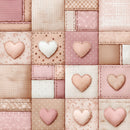 Patchwork pattern with heart shapes on a soft color palette