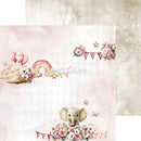 Children's paper with a cute elephant design, flowers, and a rainbow on a soft pink background.