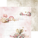Card with a cute elephant design, flowers, and balloons on a soft pink background.