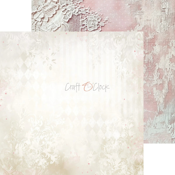 Decorative paper with lace and mesh textures on a soft pink background, featuring the brand 'Craft O Clock'.