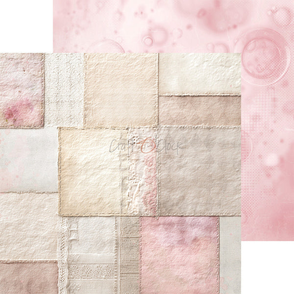 Patchwork quilt with pink and beige squares on a textured pink background