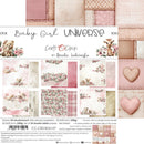 Collection of baby-themed paper sheets with teddy bears, flowers, and hearts, branded 'Baby Girl Universe' by Craft O Clock.