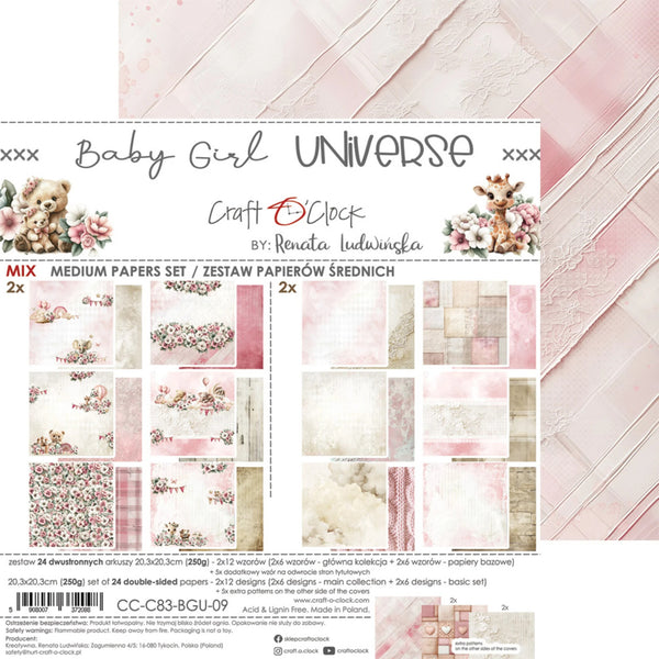 Craft paper set for baby girl themed projects with floral and teddy bear designs.