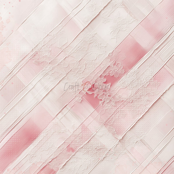 Pink and white textured fabric with lace details