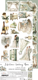 Collection of wedding-themed decorative elements on a white background with 'Lifetime Loving You' text.