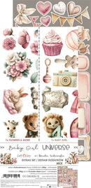 Sticker sheet with baby-themed illustrations including flowers, cupcakes, and animals on a white background.