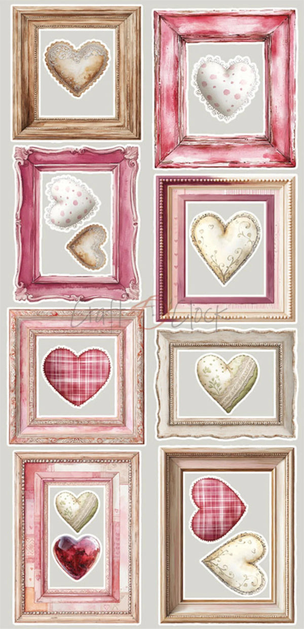 Set of framed heart-shaped pictures with various frames and heart designs on a white background.