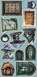 Collection of fantasy-style doors and windows on a light blue background