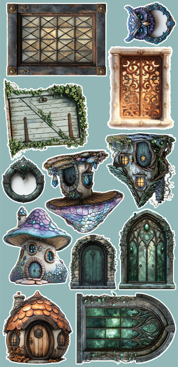 Collection of fantasy-style doors and windows on a light blue background