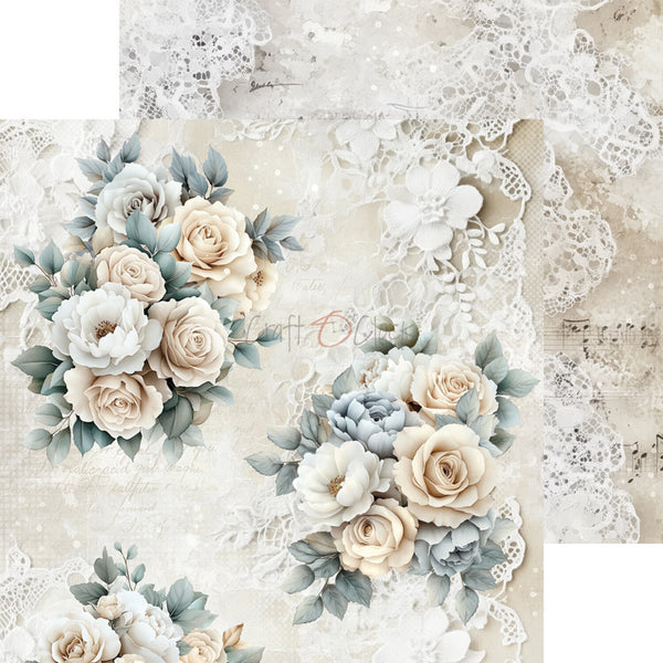 Decorative collage with floral arrangements and lace on a textured background