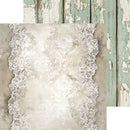 Decorative paper with lace border on a rustic wooden background