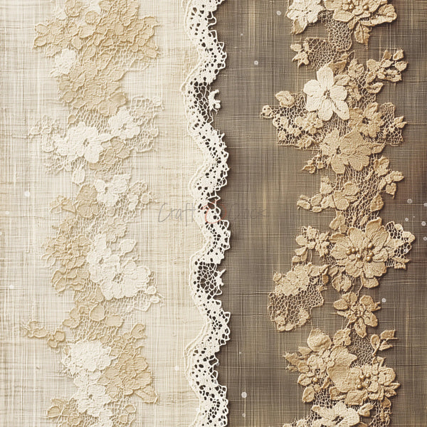 Two strips of lace fabric, one beige and one brown, on a textured background.