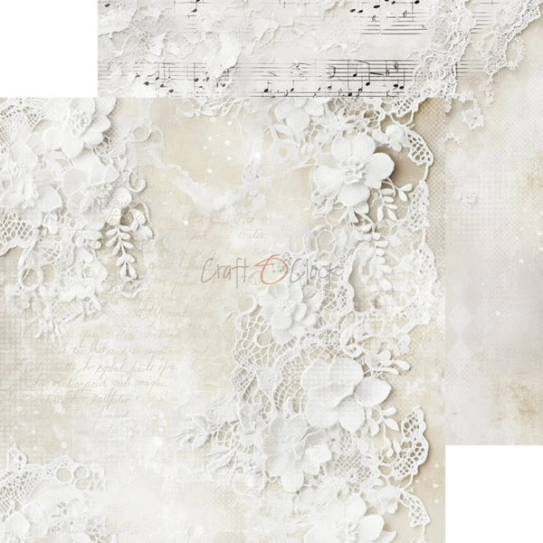 Decorative paper with lace and music sheet design on a textured beige background