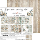 Collection of floral and rustic-themed paper sheets with 'Lifetime Loving You' text and Craft O'Clock branding.