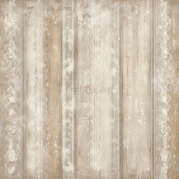 Decorative paper with lace and striped patterns in beige and white.