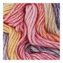 Close-up of multicolored yarn with pink, orange, yellow, and purple hues.