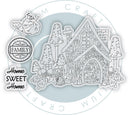 Decorative stamp set with a fairy house, mushrooms, and 'Home Sweet Home' text on a circular background.