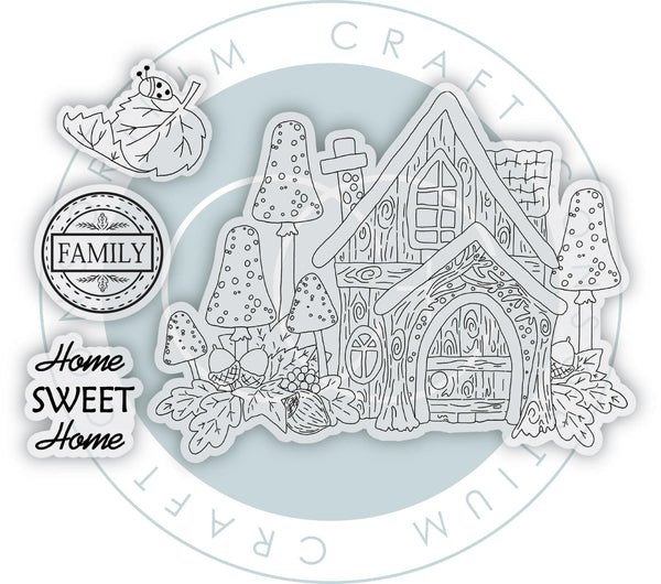 Decorative stamp set with a fairy house, mushrooms, and 'Home Sweet Home' text on a circular background.