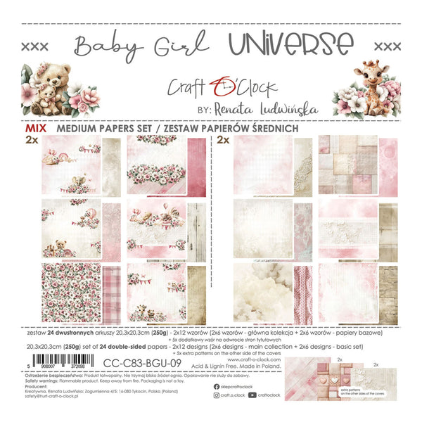 Craft paper set for baby girl with floral and teddy bear designs, featuring 'Baby Girl Universe' branding.