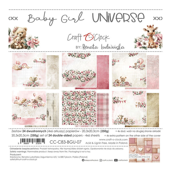 Packaging of 'Baby Girl Universe' craft paper set by Craft O'Clock with teddy bear and floral designs.
