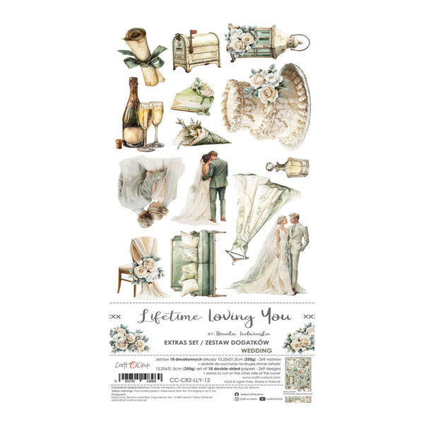 Packaging of wedding-themed die-cut embellishments with 'Lifetime Loving You' text.