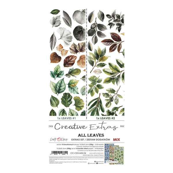 Packaging of 'All Leaves' set by Creative Extras with various leaf designs on a white background.