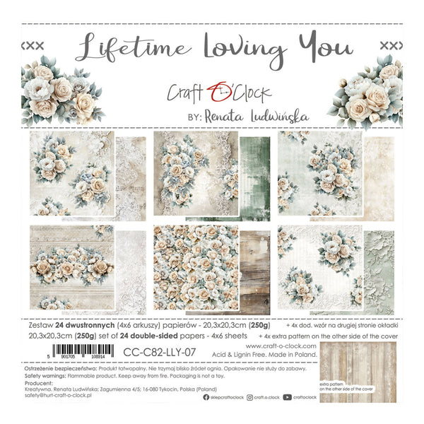 Packaging of 'Lifetime Loving You' paper set by Craft O'Clock with floral designs and product details.