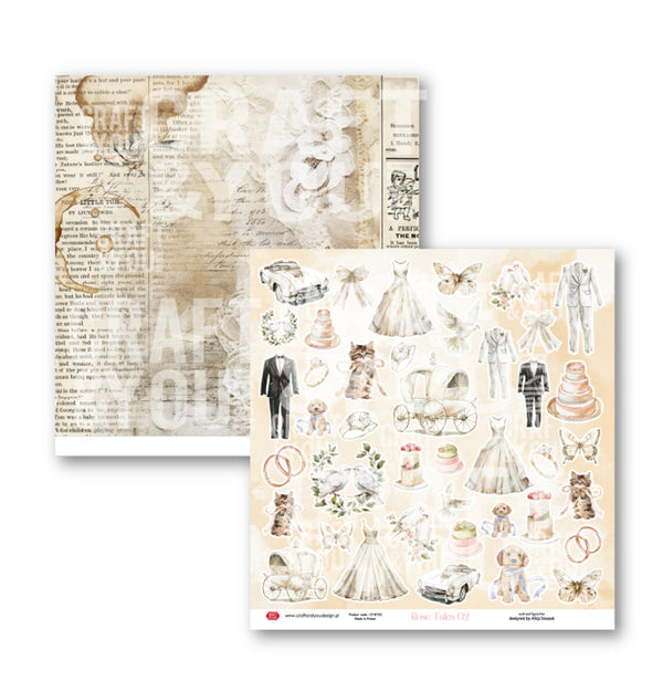 Two sheets of decorative paper with vintage-themed designs on a white background.