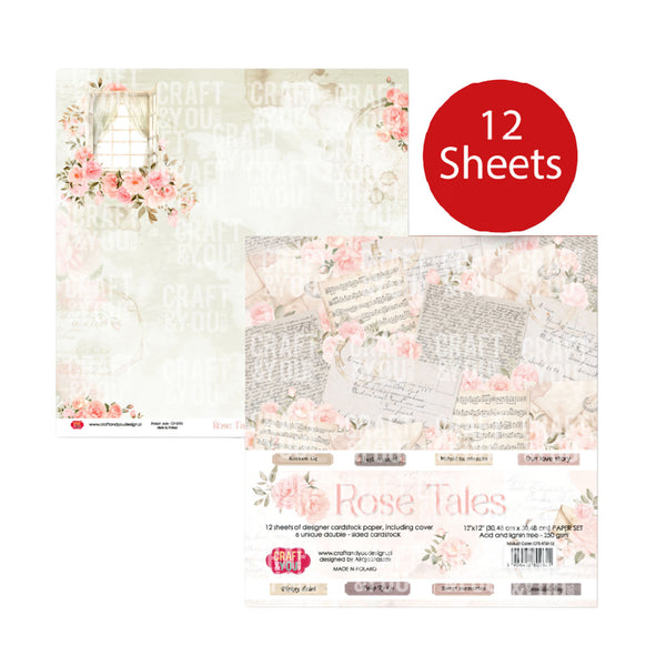 Pack of 12 sheets of 'Rose Tales' paper with floral designs on a white background.