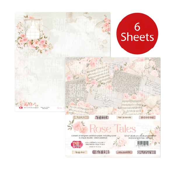 Packaging of 'Rose Tales' paper sheets with floral designs on a white background
