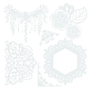 Set of decorative white lace doilies on a white background