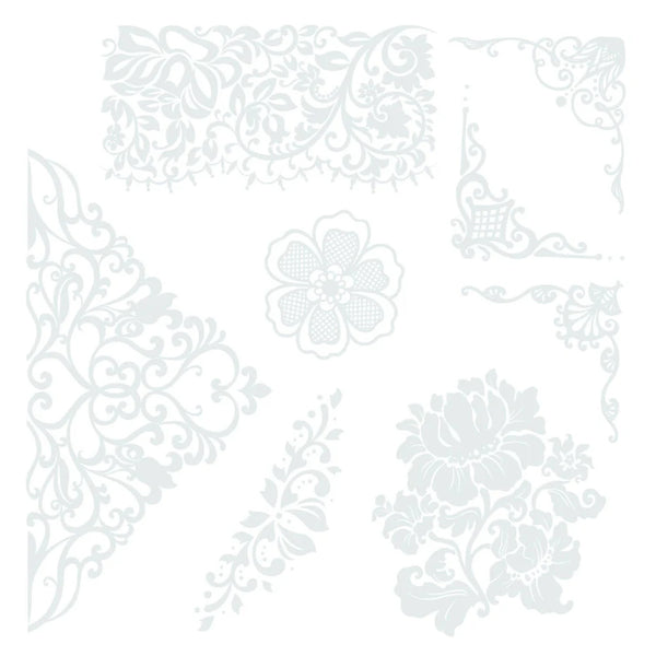 Decorative white lace pattern on a white background