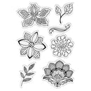 Set of black and white floral and leaf designs on a white background