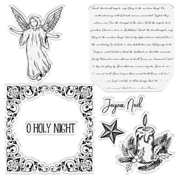 Set of Christmas-themed designs including an angel, decorative frame, star, candle, and text.