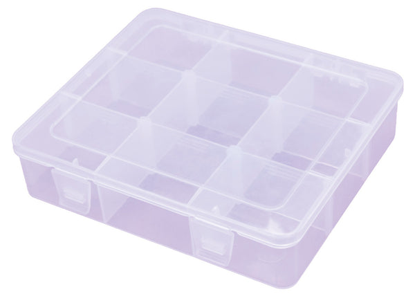Clear plastic storage box with multiple compartments on a white background