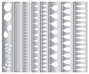 Set of metal dies with various cut-out shapes on a white background